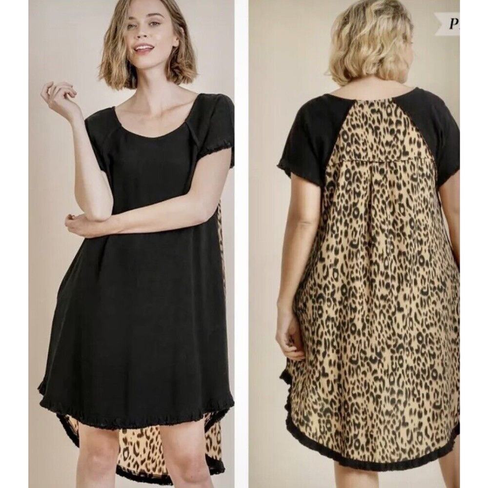 UMGEE Black Dress Leopard Animal Print Sz S Linen Boho Western Fringe Edge